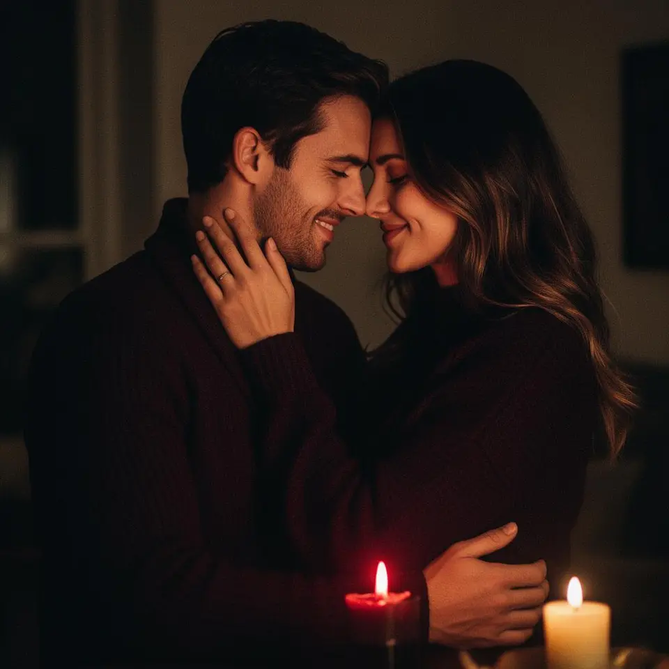 Casal abraçado com luz quente e clima íntimo
